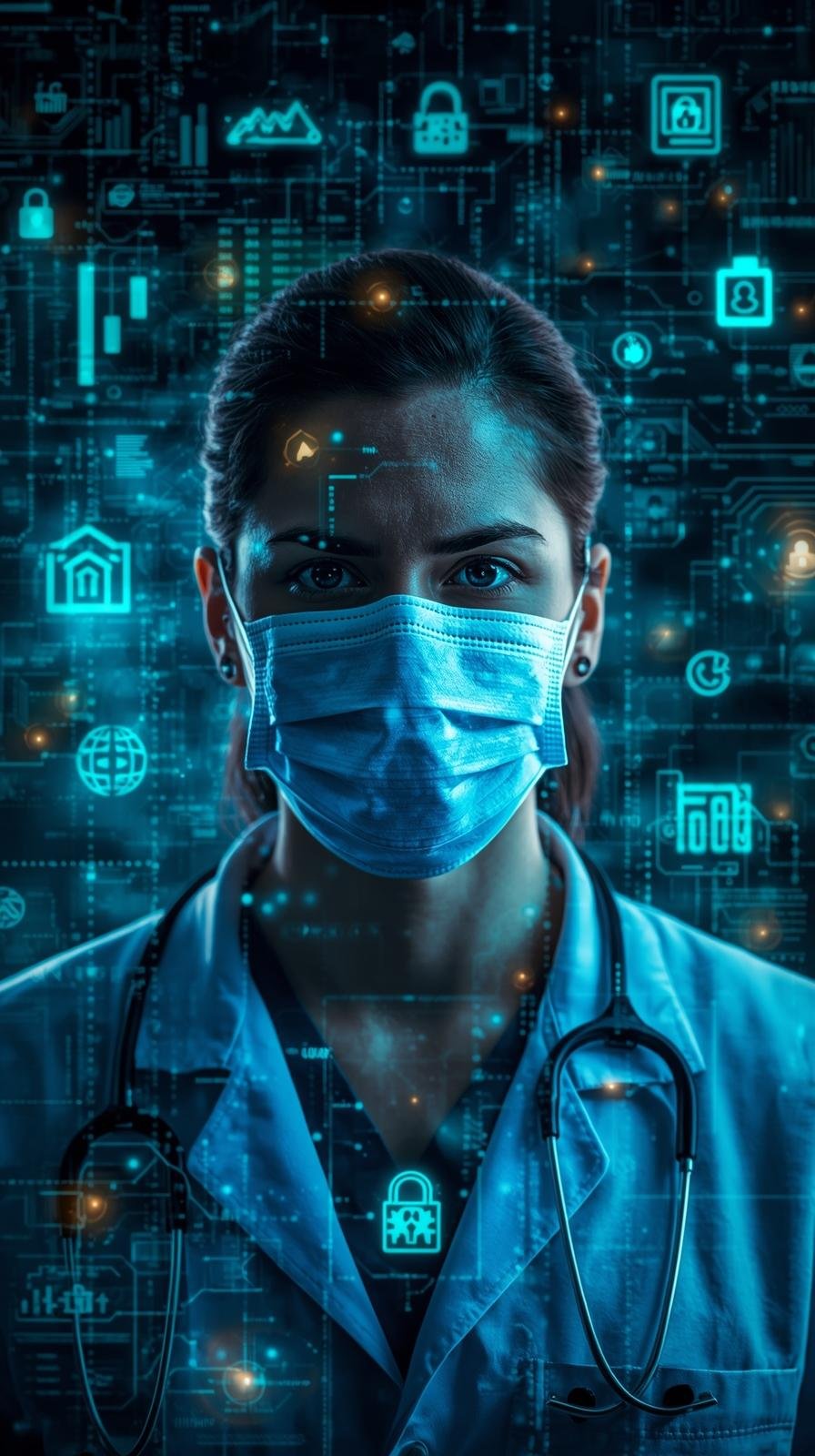 realistic photo of doctor in a mask. cyber security all around him different icons including graph, lock and warning in blues and greens
