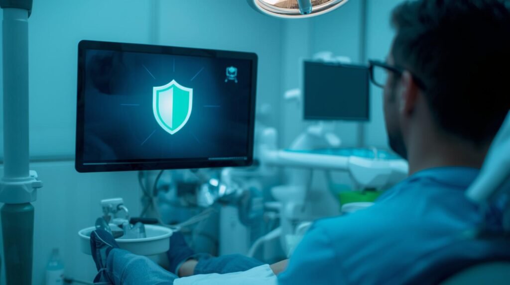 show this shield on a screen next to a dentist and patient. photo style in blues and greens