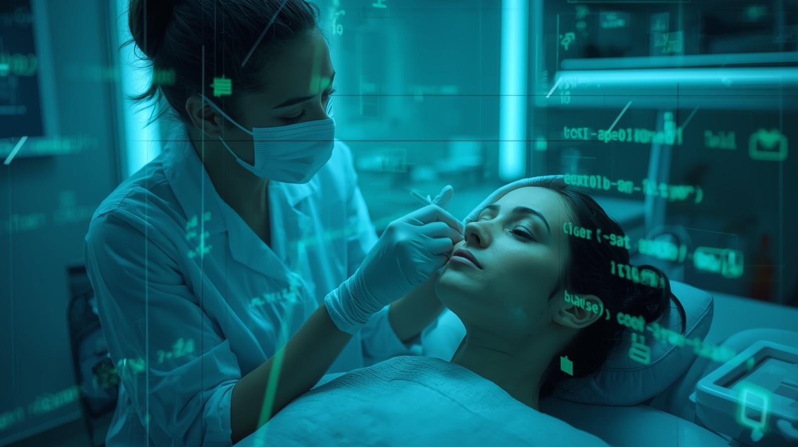 please can you create me a realistic photo in blue and green of a beautician giving botox to a patient but with layover of code over the image and cyber security icons