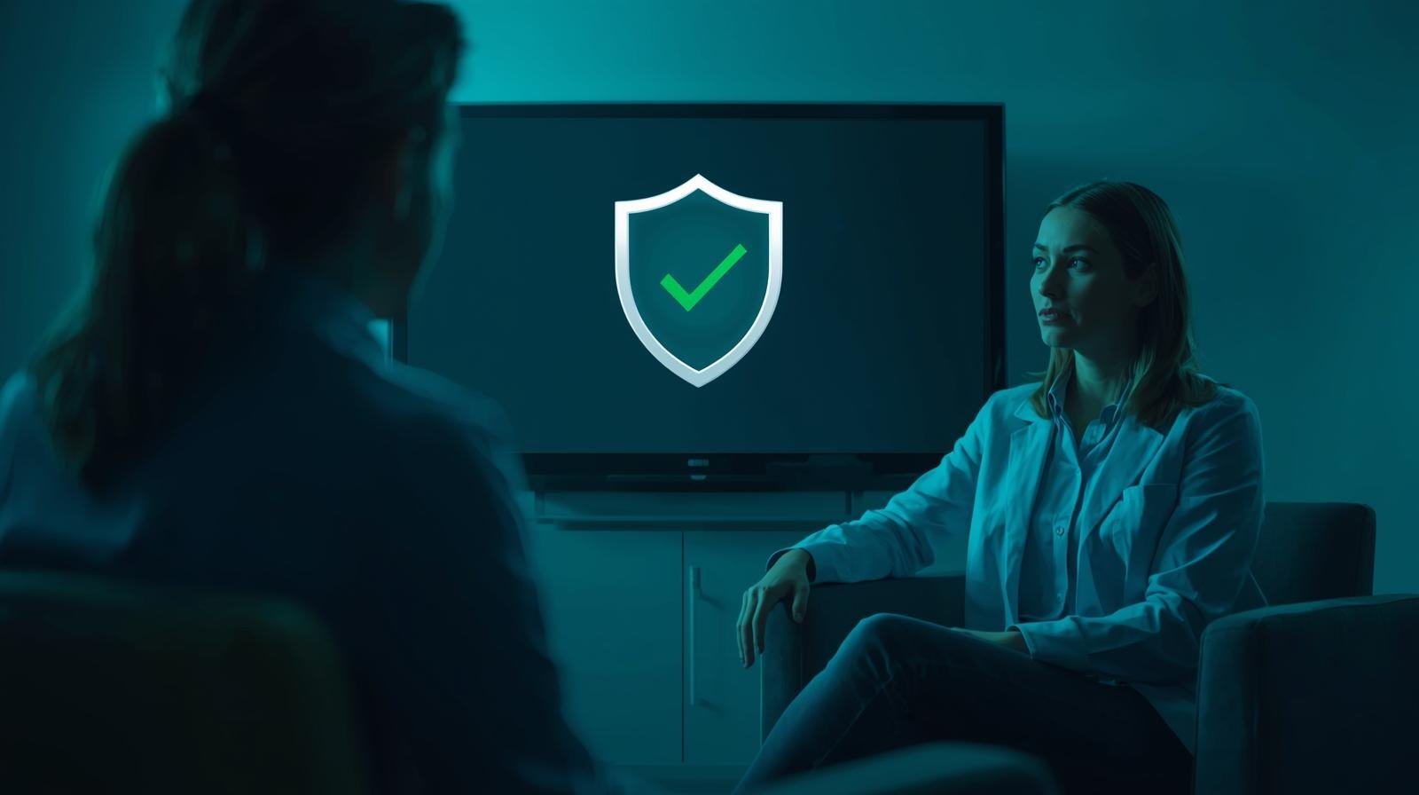 please can you create me a realistic photo in blue and green of counsellor with a client in a therapy room. in the background there is a tv with a shield with a tick in the middle on the screen.