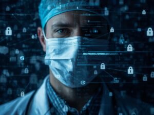 please create a realistic photo of a doctor in a mask, with code overlay and cyber security icones (1)