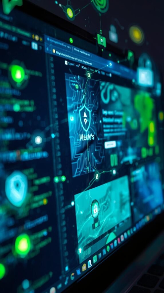 please show a green and blue computer screen with a healthcare website showing on the screen there is an overlay of code with lots of cyber security icons included. (2)