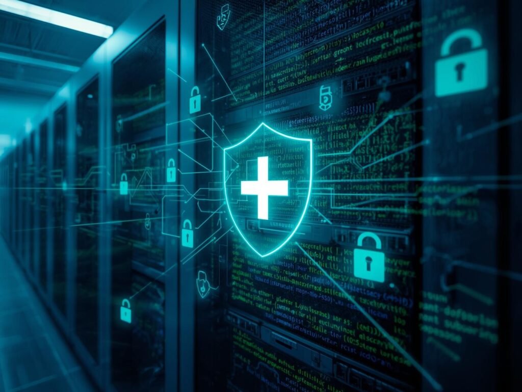 please show a realistic photo blue and green image of a server with code overlay and cyber security symbols include a big shield with a plus in the middle.