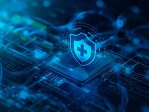 please show a realistic photo blue and green image of an enterprise with code overlay and cyber security symbols include a big shield with a plus in the middle. (1)