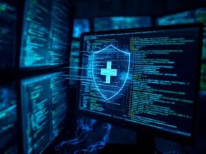 please show a realistic photo of a group blue and green group computer screen with digital forensics with layered code on top with a shield with a healthcare cross in it