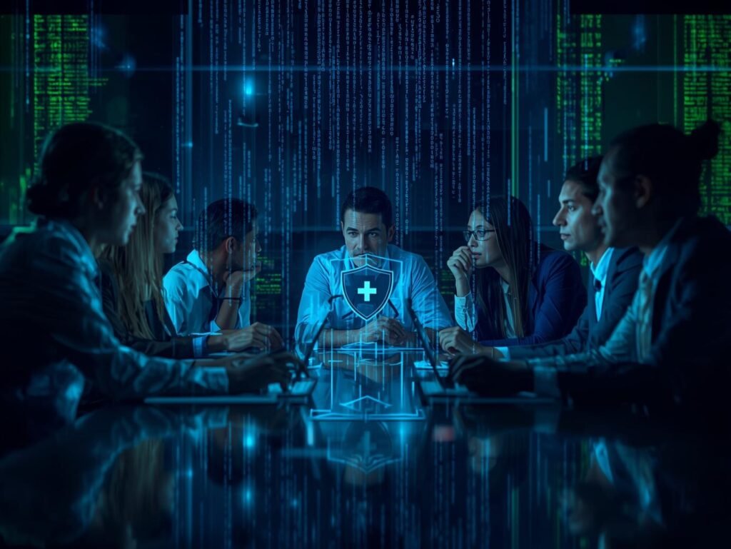 please show a realistic photo of a group blue and green group of cyber security experts sat round a table doing their job with code overlay. with a shield with a medical cross in the middle