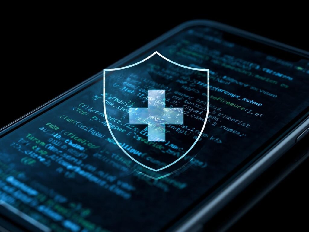 please show a realistic photo of a mobile phone with code overlay on the top of the image in blues and greens with a shield with a medical cross in the middle (1)