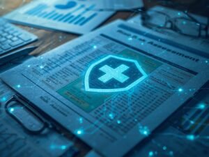 please show a realistic photo of documents on a desk that show a risk assessment blue and green image layered code on top with a shield with a healthcare cross in it