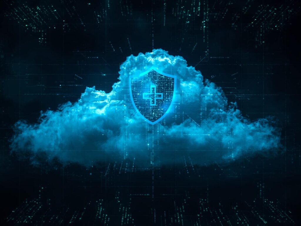 realistic photo blue and green image of a cloud with the code overlay and cyber security symbols including a big shield with a plus in the middle (6)