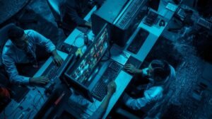 blue and green, realistic photo birds eye view of computer set up with it workers (11)