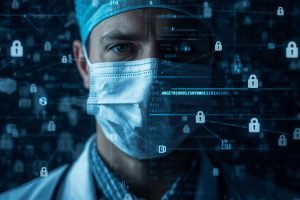 please create a realistic photo of a doctor in a mask, with code overlay and cyber security icones (1)