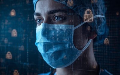 please create realist photo of doctor in a mask with code overlay and cyber security icons