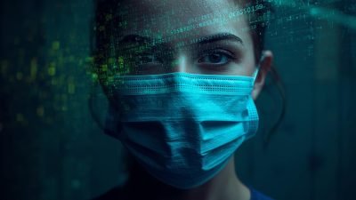 please do a realistic photo of a nurse in a mask blue and green with a thick code overlay on the top of their face and cyber security symbols (2)