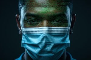 please do a realistic photo of a nurse in a mask blue and green with a thick code overlay on the top of their face and cyber security symbols