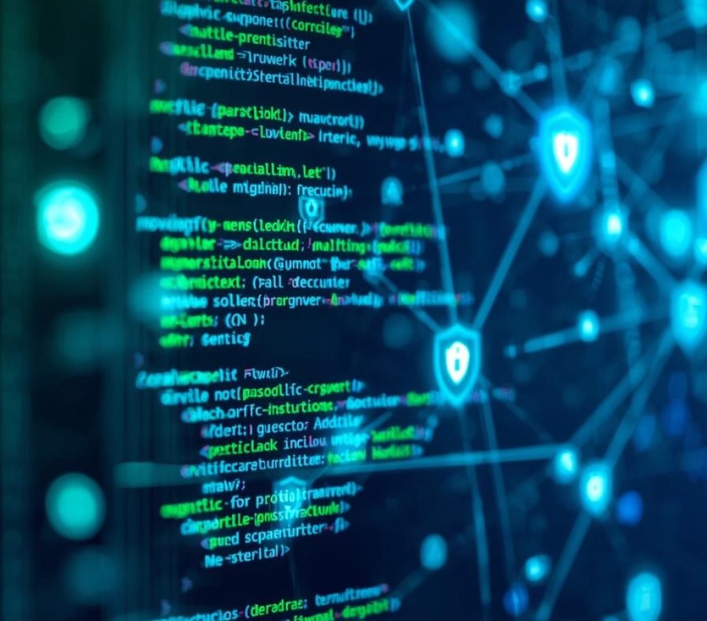 please show a green and blue computer screen with a healthcare website showing on the screen there is an overlay of code with lots of cyber security icons included.