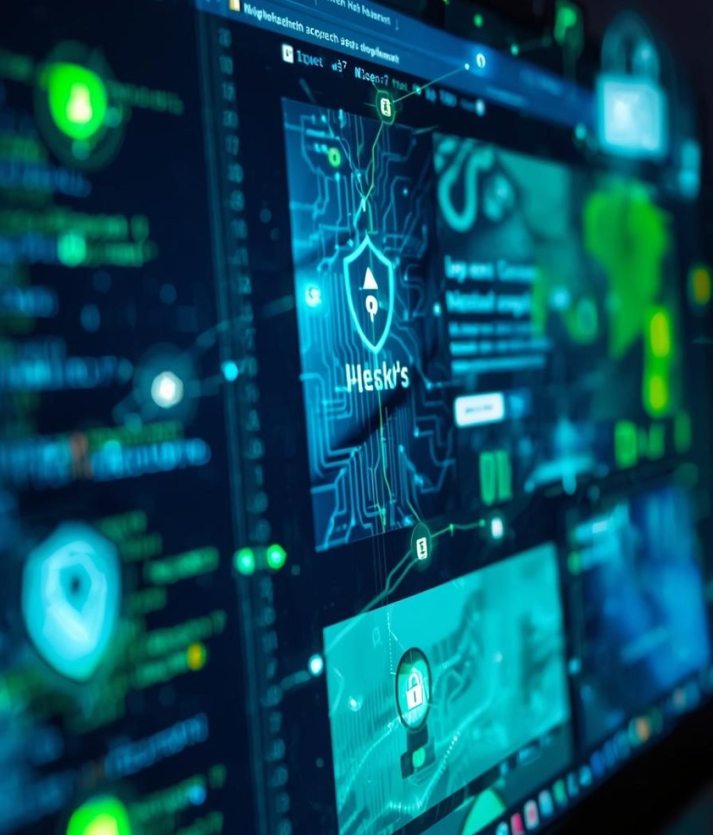 please show a green and blue computer screen with a healthcare website showing on the screen there is an overlay of code with lots of cyber security icons included. (2)