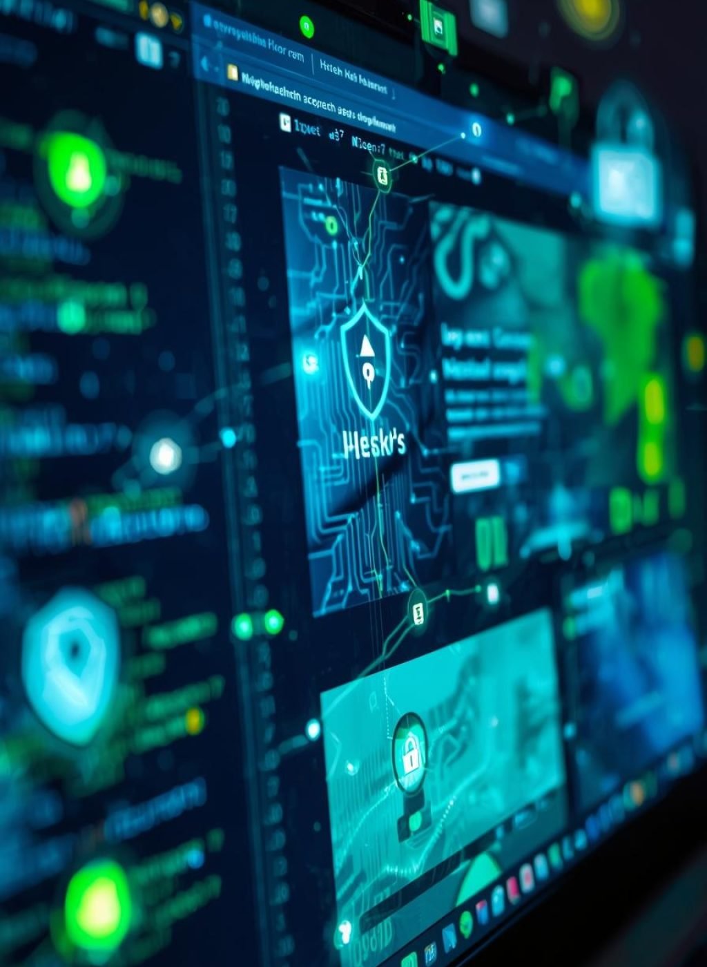 please show a green and blue computer screen with a healthcare website showing on the screen there is an overlay of code with lots of cyber security icons included. (2)